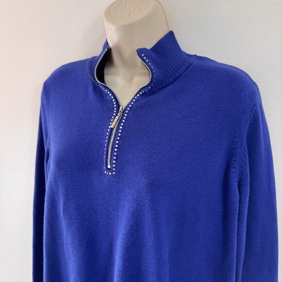 Weekends by Chico's Sweater 2 / L Blue Knit Gems Rhinestones 1/4 Zip Pullover - Picture 2 of 10